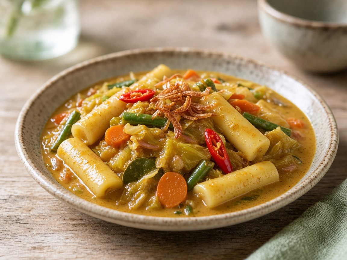 Balinese Rice Cake Vegetable Stew — plated and ready to serve
