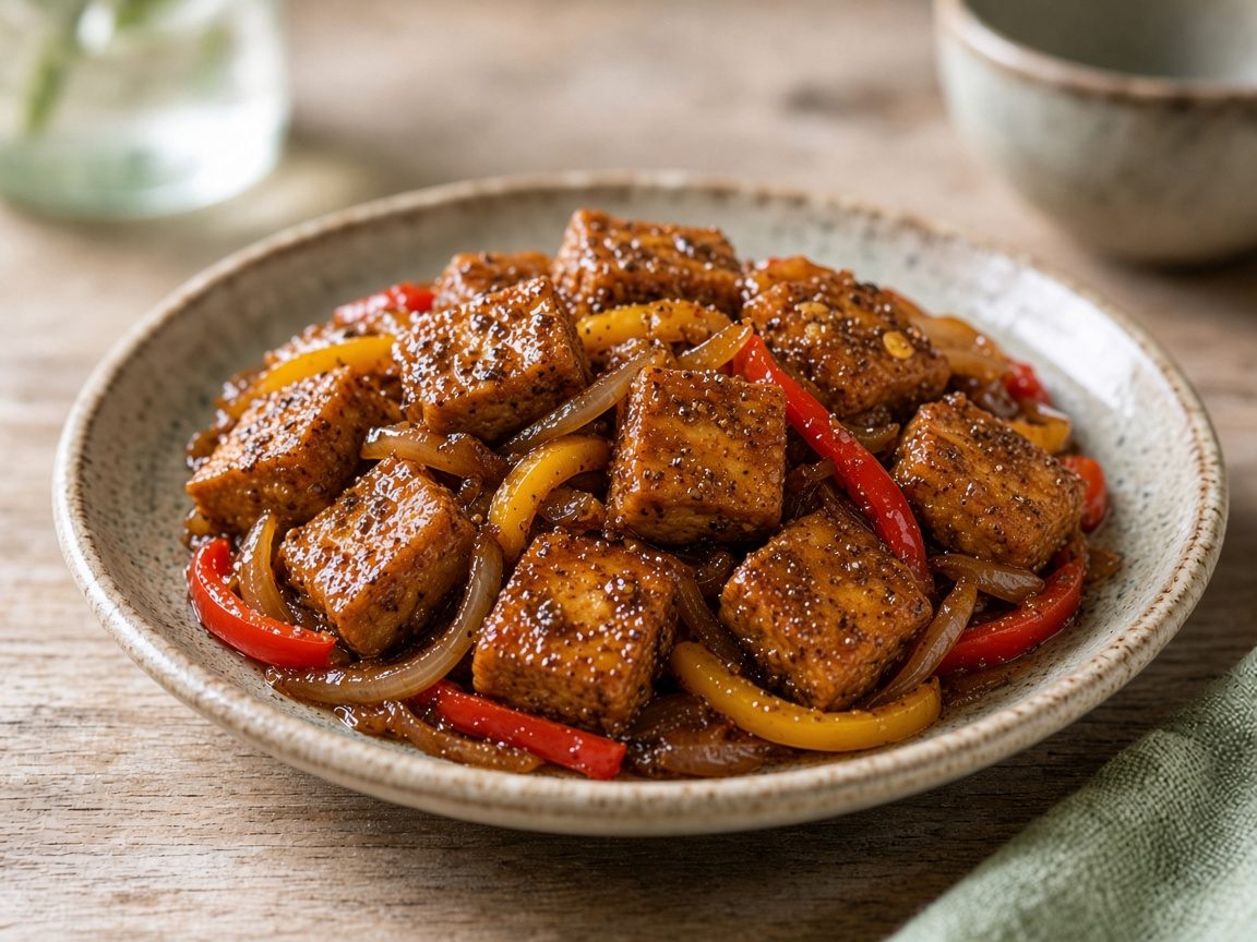 Tahu Lada Hitam — plated and ready to serve