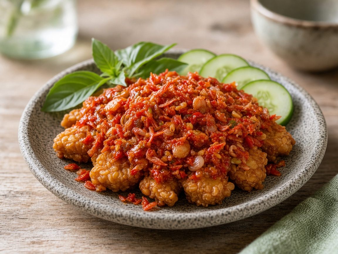 Tempe Penyet — plated and ready to serve